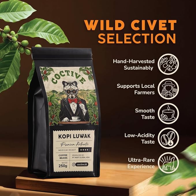Kopi Luwak Civet Coffee Beans (8.8 oz) - World's Most Expensive Coffee Wild-Harvested From Gayo Sumatra Indonesia- Luxury Gift Set