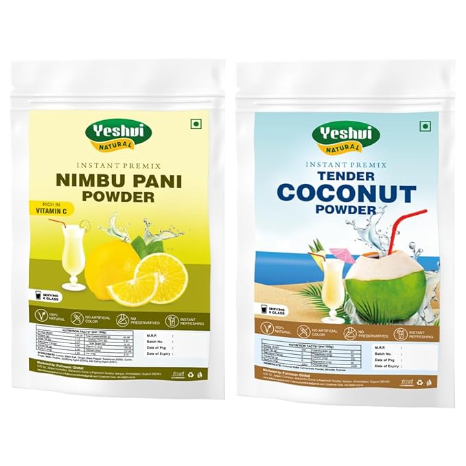 Yeshvi NATURAL Nimbu Pani Powder &amp Tender Coconut Water Powder Combo Pack Instant Mix Drink Powder Just Add Water &amp Drink Immunity Booster Easy to Make Healthy Beverage Ready to Serve 20