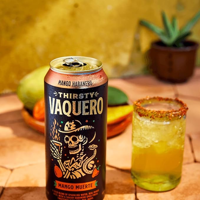 Thirsty Vaquero Mango Habanero Flavored soda (Mango Muerte) Mexican-inspired soda Real Fruit Juice &amp Savory Spices Made with Organic Agave Low Calorie Natural Juice 16 oz Cans 12-Pack