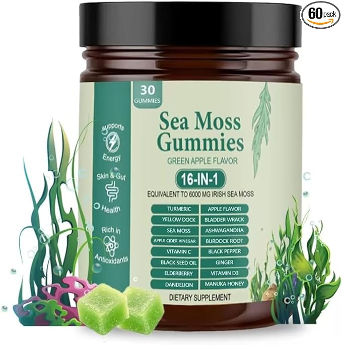 Sea Moss Gummies 16-in-1 with Black Seed Oil Ashwagandha 30 Servings Irish Seamoss Gummies Boosts Immune Support Wellness and Digestion