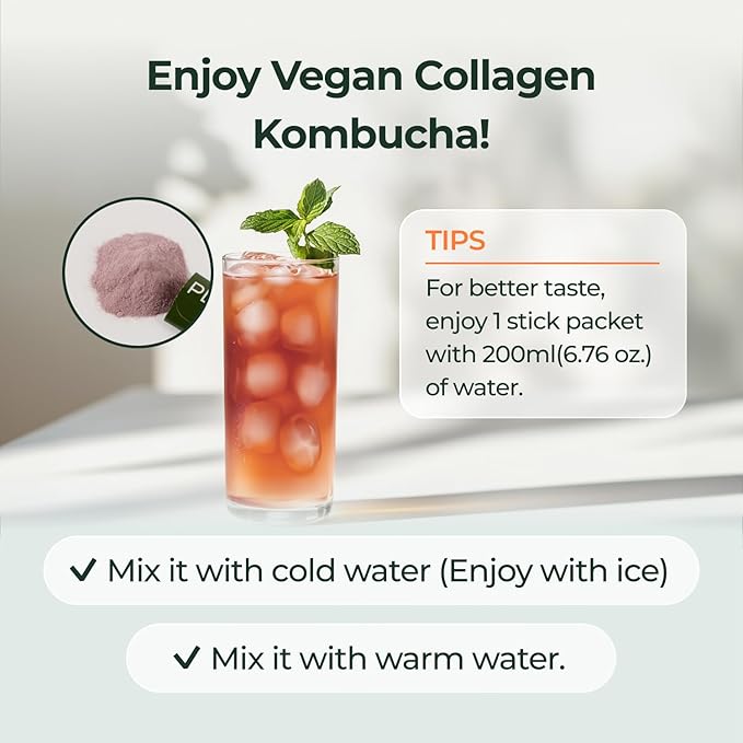 PLANT Vegan Collagen Peptide Kombucha Powder Probioitics Vitamin C | 2000mg Tripeptide Vegetarian Collagen Booster Dragonfruit Lime |15 Packets Gut &amp Skin Health Anti-Aging Hydration Drink Mi