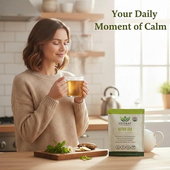 Herbay Harmony Organic Detox Tea – Caffeine-Free Herbal Cleanse for Bloating Relief Digestive Tea &amp Natural Body Detox Organic Herbal Blend with Ginger Chamomile &amp Papaya (4 Pack (4‑Week De