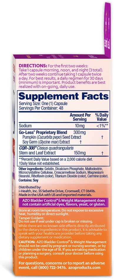 AZO Bladder Control with Go-Less® &amp Weight Management Dietary Supplement | Helps Reduce Occasional Urgency* | Promotes Healthy Metabolism* | Supports a Good Night’s Sleep* | 48 Capsules (Pack of 2