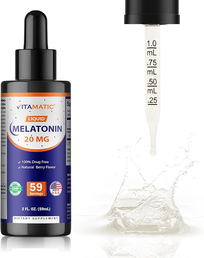 Vitamatic 2-Pack Melatonin 20mg Liquid Drops - 2 fl oz (59 ml) Each - Natural Berry Flavor - Non-GMO Vegetarian Supplement for Adults