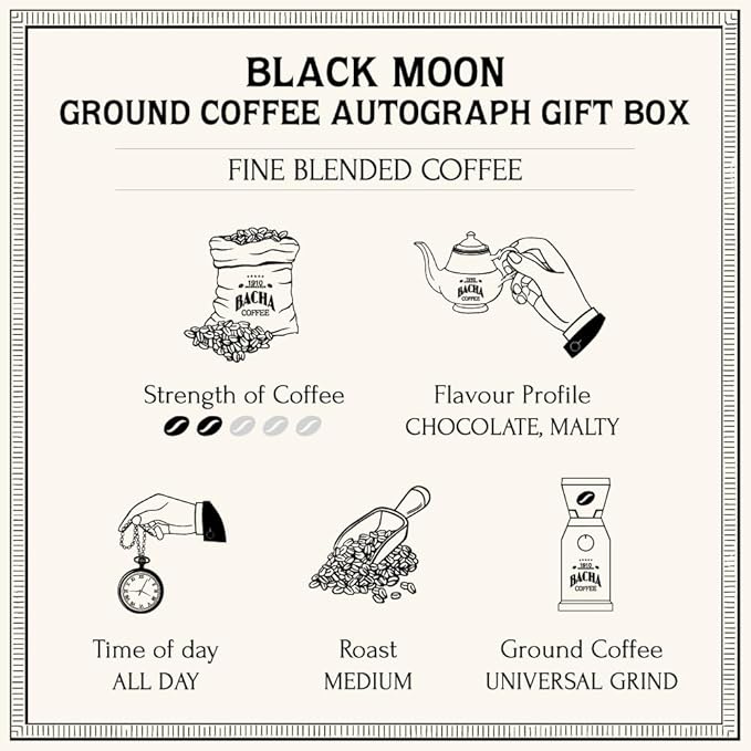 Bacha Coffee | Black Moon Fine Blended Coffee Autograph Collection 100% Arabica Specialty Coffee Ground Beans Medium Roast 250g &amp 100% Natural Unbleached Wood Fibre Paper Filters Large