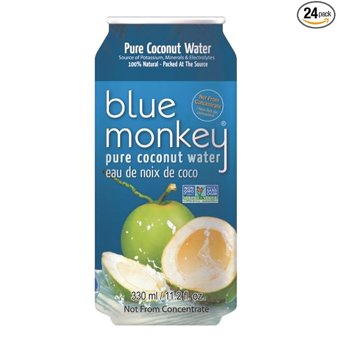 Blue Monkey Coconut Water - 100% Pure Coconut Water from Vietnam - No Pulp - No Sugar Added - Shelf Stable - Refreshing Hydration Drink - 11.2oz (330) 24-Pack
