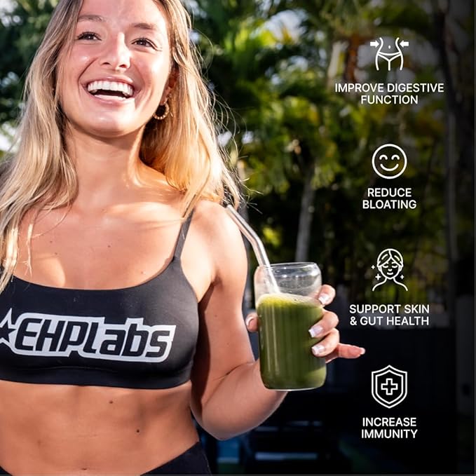 EHP Labs OxyGreens Super Greens Powder with Spirulina &amp Chlorella Prebiotic Fiber Probiotics &amp Digestive Enzymes – Antioxidant Green Superfood Supplement - 15 Servings (Passionfruit)