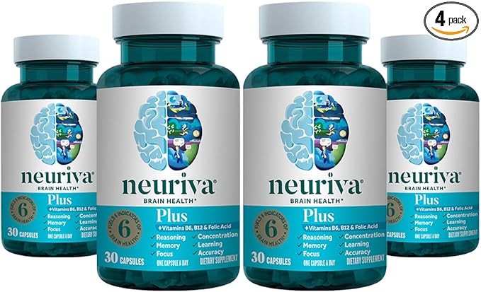 NEURIVA Plus Brain Supplement for Memory Focus &amp Concentration + Cognitive Function with Clinically Tested Nootropics Phosphatidylserine and Neurofactor VIT B6 &amp B12 30 Count Capsules (4 Pa