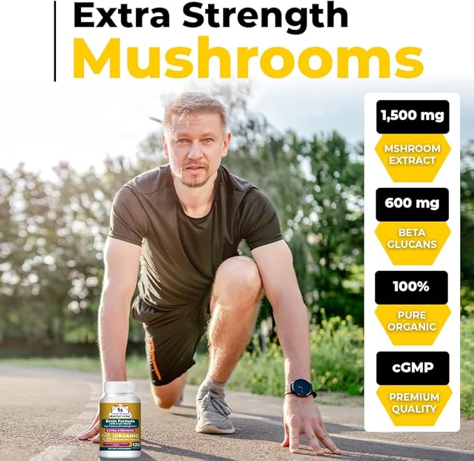 Cancer Sciences Brain Supplements for Memory and Focus - 1500mg Brain Health Mushroom Supplement for Adults &amp Seniors - High Potency 40% Beta-Glucans for Immune Support &amp Vitamins 120 Capsul