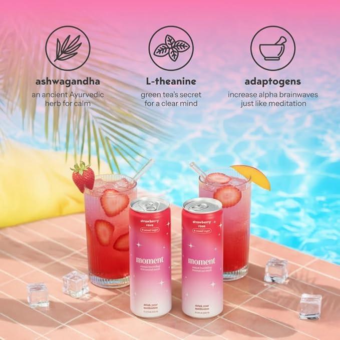 Moment Botanical Soda Soft Drink (Shark Tank) - SPARKLING Drinks | Strawberry Rose | L-Theanine &amp Ashwagandha for Calm &amp Clarity | 0 Added Sugar 0 Caffeine | 12-pack