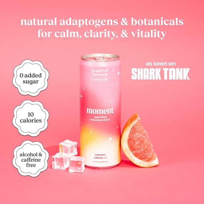 Moment Botanical Soda Soft Drink (Shark Tank) - SPARKLING Non Alcoholic Drinks | L-Theanine &amp Ashwagandha for Calm &amp Clarity | 0 Added Sugar 0 Caffeine | Grapefruit Lemonade |12-pack
