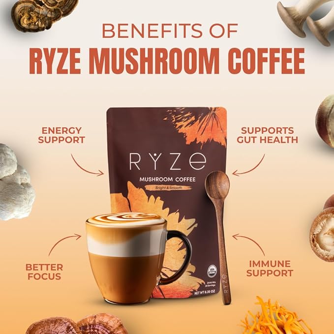 RYZE SUPERFOODS All Day Energy Bundle with Mushroom Medium Roast Coffee + Mushroom Matcha USDA Organic with 6 Adaptogenic Mushrooms + Matcha for Better Energy Focus Digestion 30+30 serving