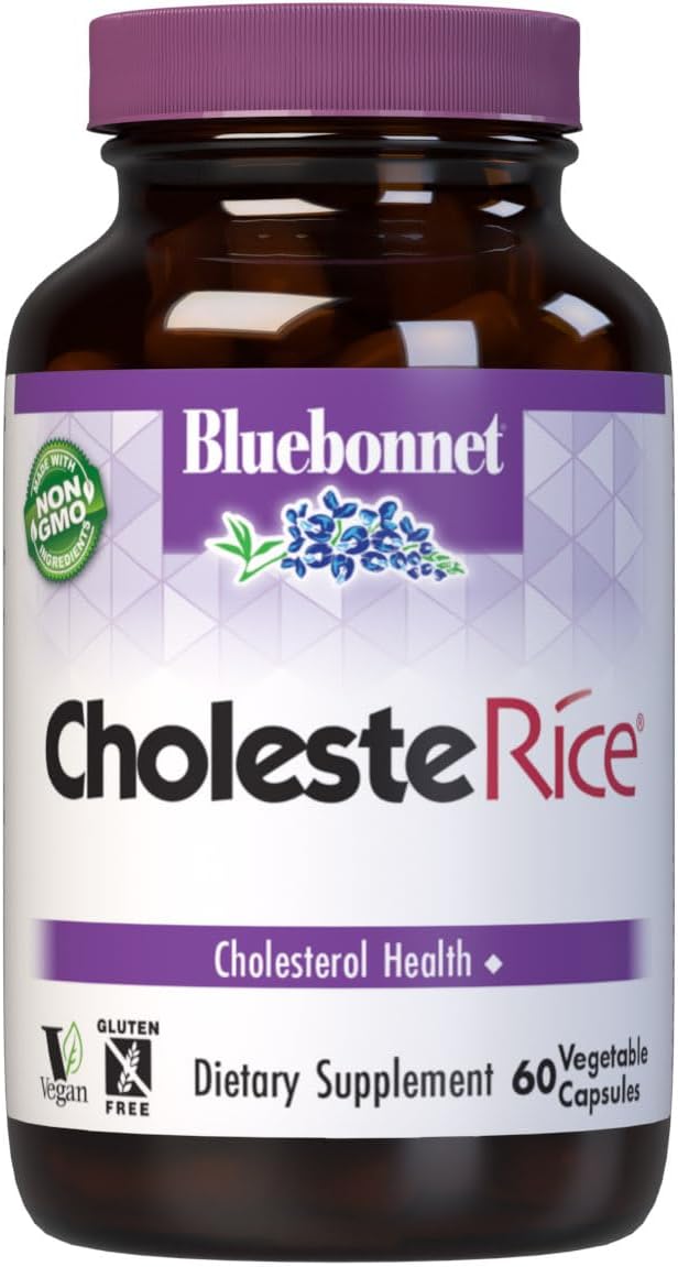 Bluebonnet Nutrition CholesteRice Vegetable Capsules Red Yeast Rice Plant Sterols Pantethine CoQ10 Policosanol Vegan Vegetarian Non GMO Gluten Free Milk Free SOY-FREE 60 Vegetable Capsules