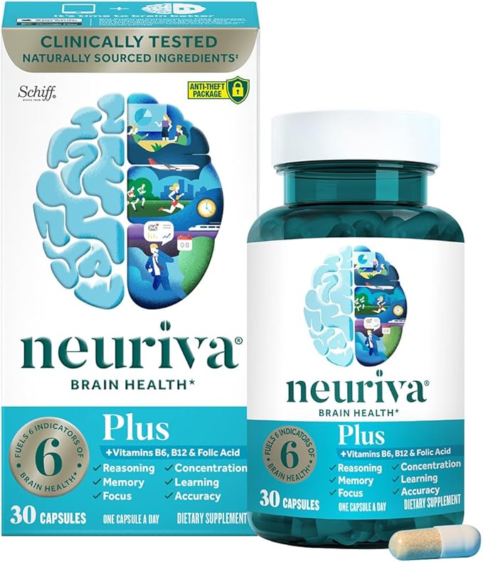 NEURIVA Plus Brain Supplement for Memory Focus &amp Concentration + Cognitive Function with Clinically Tested Nootropics Phosphatidylserine and Neurofactor VIT B6 &amp B12 30 Count Capsules (3 Pa
