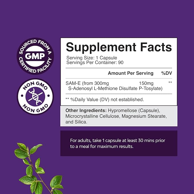 Pure SAM E Supplement 150mg - Nootropic Same 150mg Per Serving for Memory &amp Brain Support Joint &amp Liver Health - Natural S-adenosylmethionine for Mood Balance - 90 Count