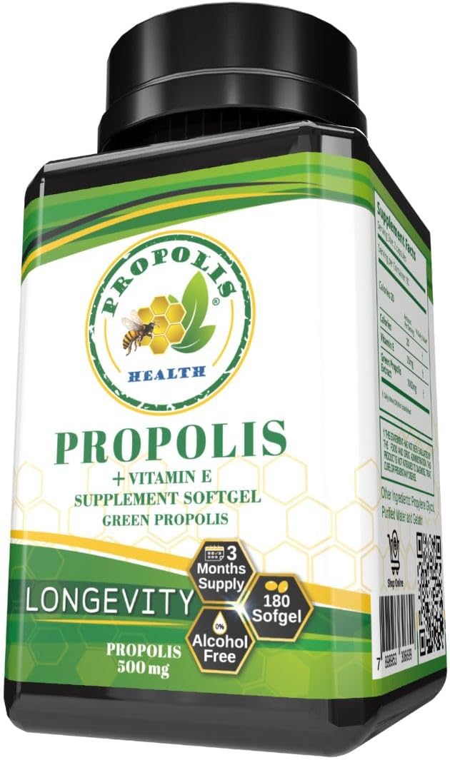 Propolis Health Propolis Capsules 1000mg-Daily with Vitamin E Per dose - Brazilian Green Propolis Extract - Immune Booster 50 Days Supply Propolis (180 Capsules)
