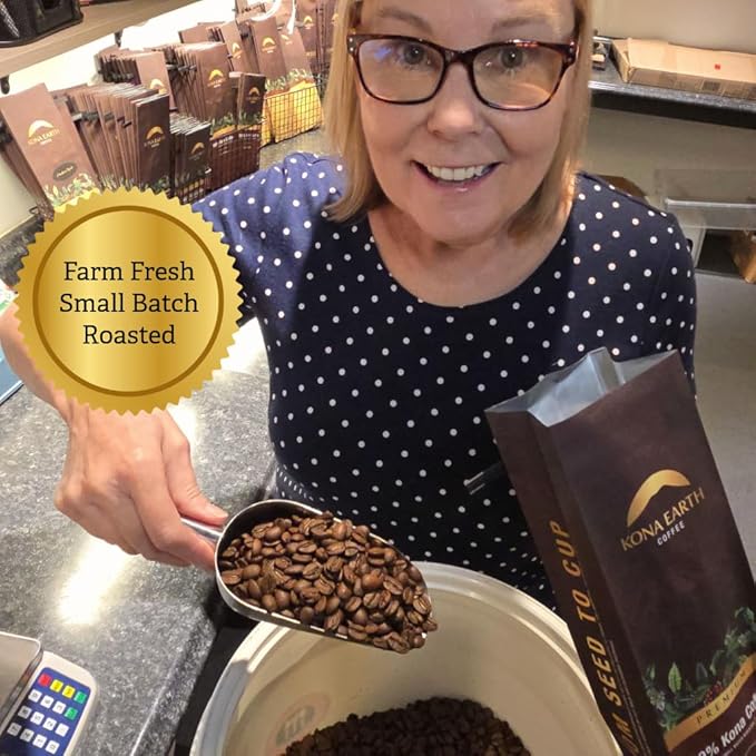 KONA EARTH 100% Kona Peaberry Coffee Medium Roast Whole Bean 1 lb (16oz) Farm-Direct Authentic Hawaiian Kona Coffee beans from Hawaii’s Big Island Micro-Batch-Roasted