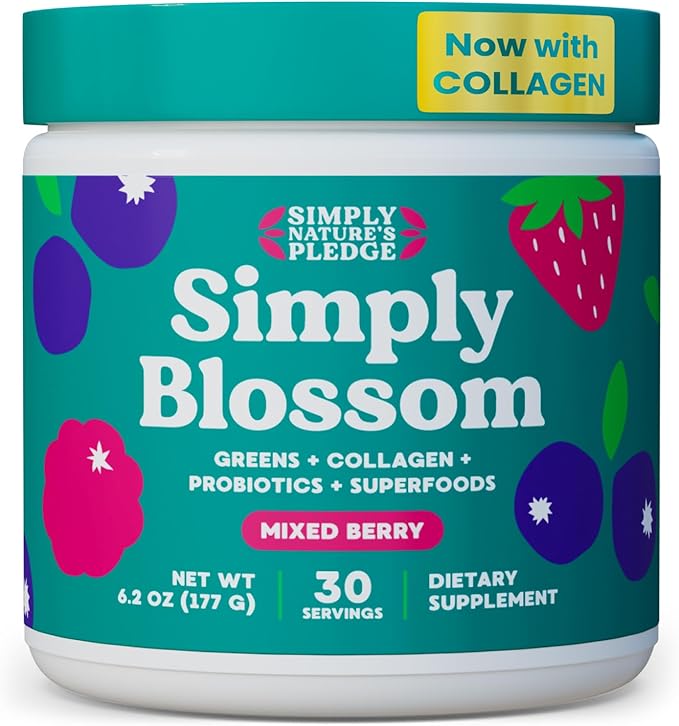 Simply Blossom Nutrition - Daily Greens &amp Superfood Powder + Collagen + Probiotics for Women's Digestive Health &amp Bloating Relief. Help Your Health Bloom - 30 Day Supply