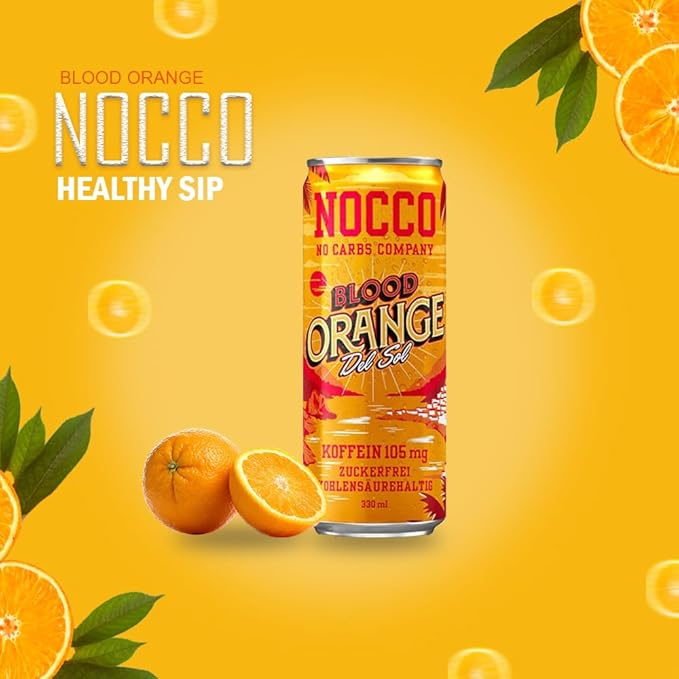 12 cans | NOCCO BCAA DRINK | Blood Orange Del Sol 330 ml | BCAA | 105 mg Caffeine | Energy Drink | Buxtrade