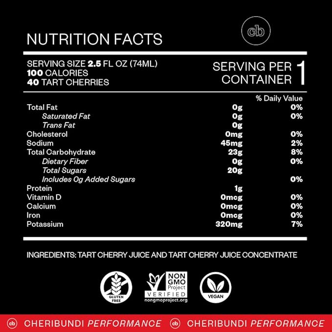 Cheribundi | 100% Tart Cherry Juice Pure Concentrate Grab &amp Go | 2.5 Fluid Ounce Pouch for Maximum Recovery with 40 Tart Cherries | 100 Calories 0 Preservatives Non-GMO | 2.5 floz (Pack of 6)