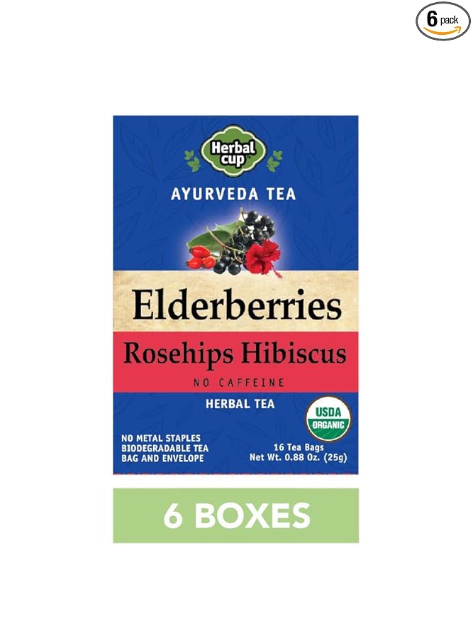 Herbal Cup Ayurveda Elderberries Tea Organic Rosehips Hibiscus No Caffeine Herbal Supplement (16 Count Pack of 6)