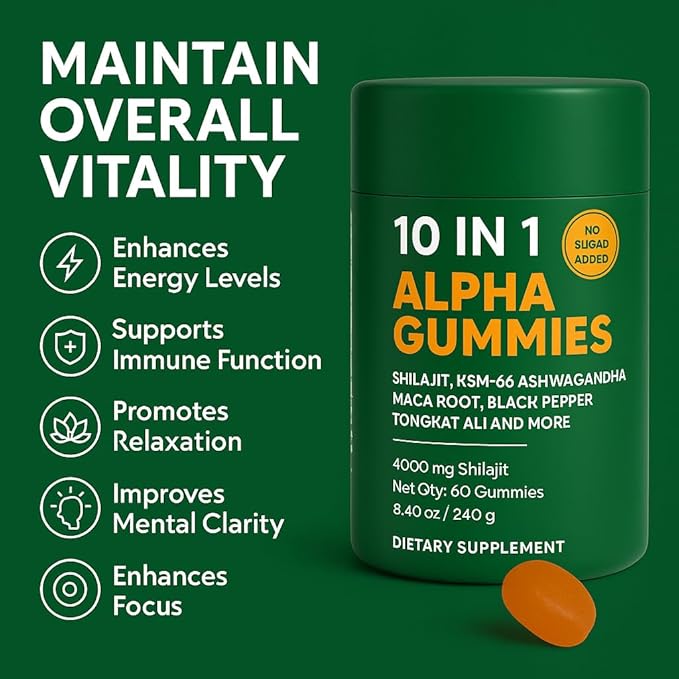 10-in-1 True Alpha Shilajit Gummies 4000mg Himalayan Alpha Gummies for Men Energy Boost Immune Support with Ashwagandha Maca Root Tongkat Ali Fulvic Acid 85+Trace Mineral No Added Sugar 60ct