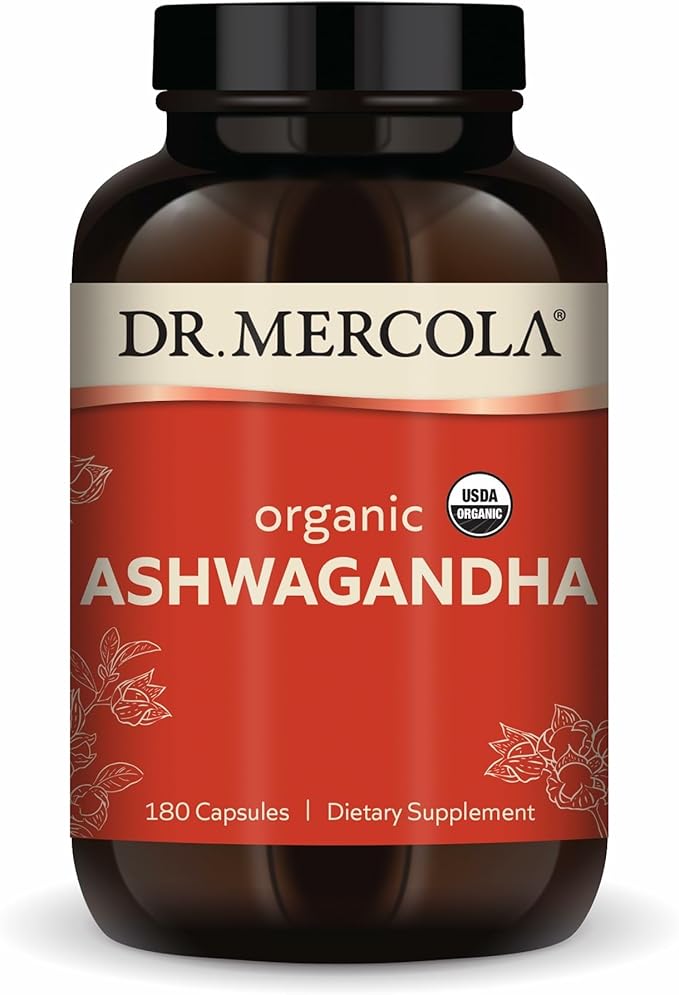 Dr. Mercola Organic Ashwagandha - Supports Energy Production &amp Adrenal Health - 800 mg Per Serving - Non-GMO Gluten-Free &amp Soy-Free - Certified USDA Organic - 180 Capsules (90 Servings)