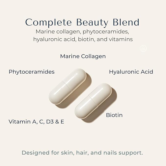 Zi-Collagen Marine Collagen Capsules for Skin Hair &amp Nails – Collagen Supplement with Phytoceramides Hyaluronic Acid Biotin &amp Vitamins A C D3 E – 60 Capsules