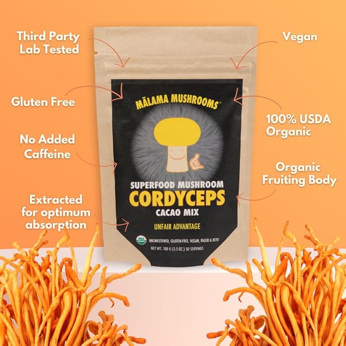 Malama Organic Mushroom Hot Cacao Mix Cordyceps Mushroom Powder with Fair Trade Cacao Supports Energy &amp Immune Health – Vegan Supplement &amp Superfood Non GMO 3.5 oz (50 Servings)