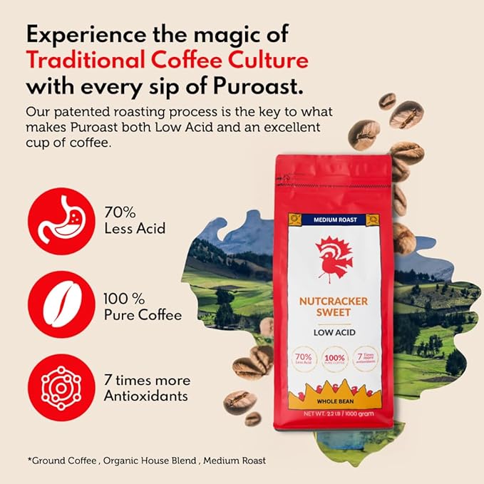 Puroast Low Acid Coffee Flavored Bean | Nutcracker Sweet Whole Bean | Medium Roast | High Antioxidants &amp High pH |No Bitter Aftertaste | Reduced Heartburn &amp GERD | Suitable for Cold Brew - 2.2
