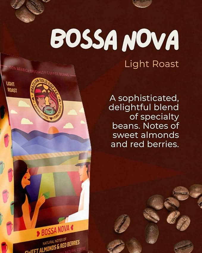 Brazilian Gold Coffee Bossa Nova Gormet Sweet Almonds &amp Red Berries Low Acidity 100% Arabica Coffee Light Roast Ground 12 oz