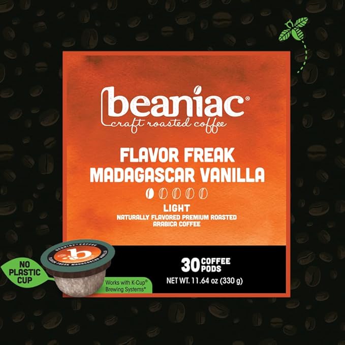beaniac Flavor Freak Madagascar Vanilla Flavored Light Roast Single Serve Compostable K Cup Coffee Pods Arabica Coffee with Natural Flavors Keurig Brewer Compatible 30 Count