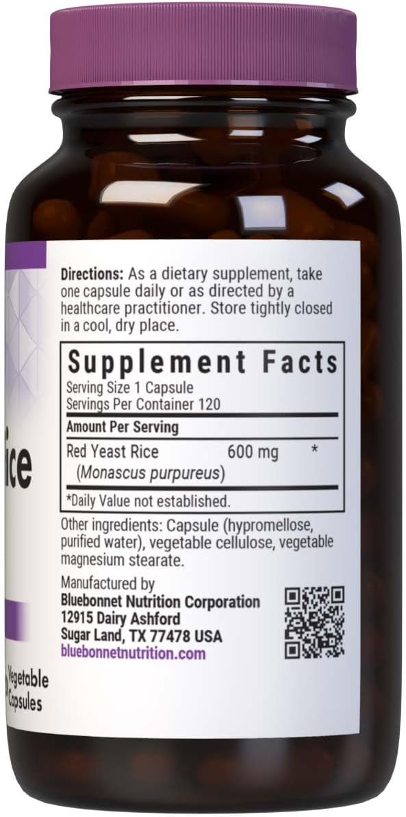 Bluebonnet Nutrition Red Yeast Rice 600 mg Heart Health* Non-GMO Vegan Kosher Certified Gluten-Free Soy-Free Dairy-Free 120 Vegetable Capsules 120 Servings