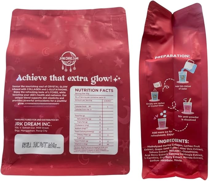 Crystal Glow Hydrolyzed Marine Collagen Mix with Glutathione &amp Lychee Extract 10 Sachets