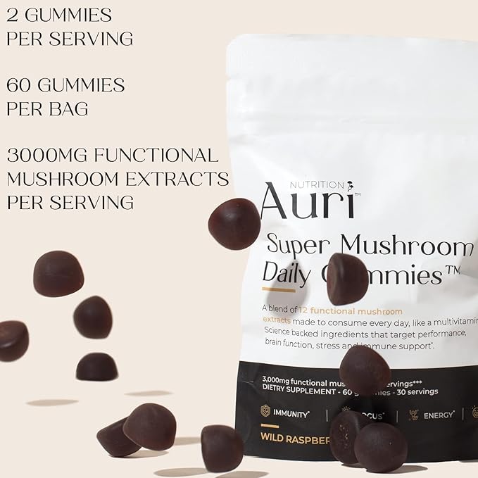 Auri Nutrition Super Mushroom Daily Gummies – All-in-One Functional Gummy with 12 Mushroom Blend Including Lion’s Mane Reishi Chaga &amp Cordyceps – 60 Gummies