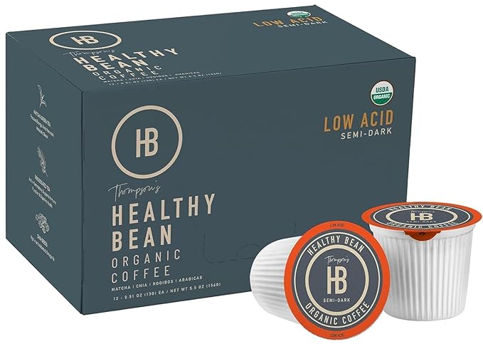 Healthy Bean Coffee Thrive Morning Blend - Organic Ground Coffee Medium Roast 11 oz and Low Acid Coffee Pods -Semi-Dark Roast 12 Pack