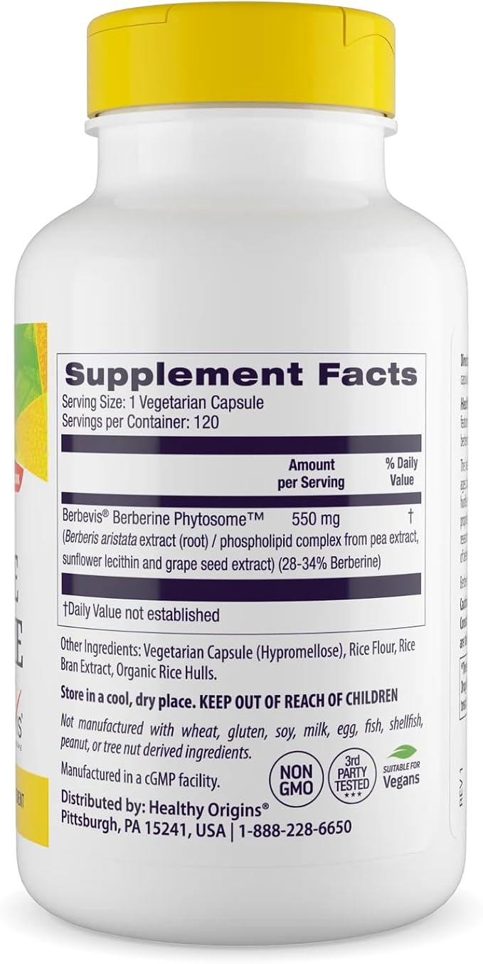 Healthy Origins Berberine Phytosome 550 mg (Berbevis) Berberine Supplement for Metabolic Support Non-GMO Vegan 120 Veggie Caps