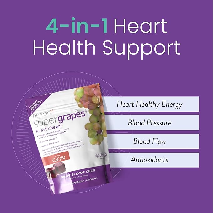 HumanN SuperGrapes Chews Supplement – 100mg CoQ10 and Grape Seed Extract – from The Makers of SuperBeets - Grape Flavor 60 Count