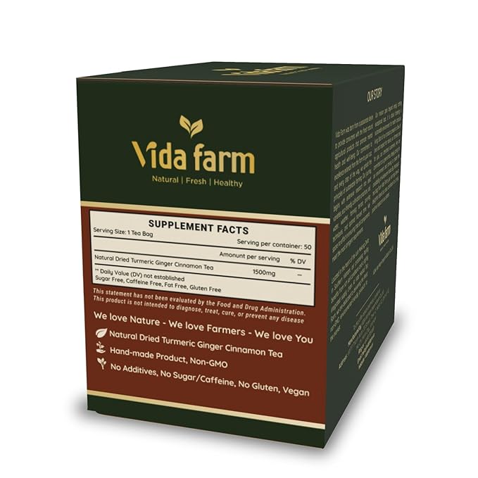VIDA FARM 50 Turmeric Ginger Cinnamon Tea Bags 100% Natural Ginger Cinnamon Turmeric Tea Te De Curcuma Jengibre Herbal Tea Sugar Free Caffeine Free Gluten Free