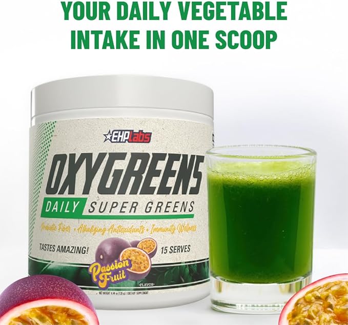 EHP Labs OxyGreens Super Greens Powder with Spirulina &amp Chlorella Prebiotic Fiber Probiotics &amp Digestive Enzymes – Antioxidant Green Superfood Supplement - 15 Servings (Passionfruit)