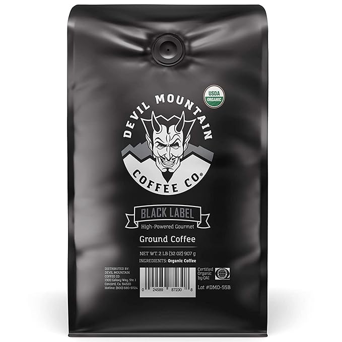 Devil Mountain Coffee Black Label Dark Roast Ground Coffee Strong High Caffeine Coffee Grounds USDA Organic Fair Trade Gourmet Artisan Roasted Strongest Coffee in the World 32 oz Bag