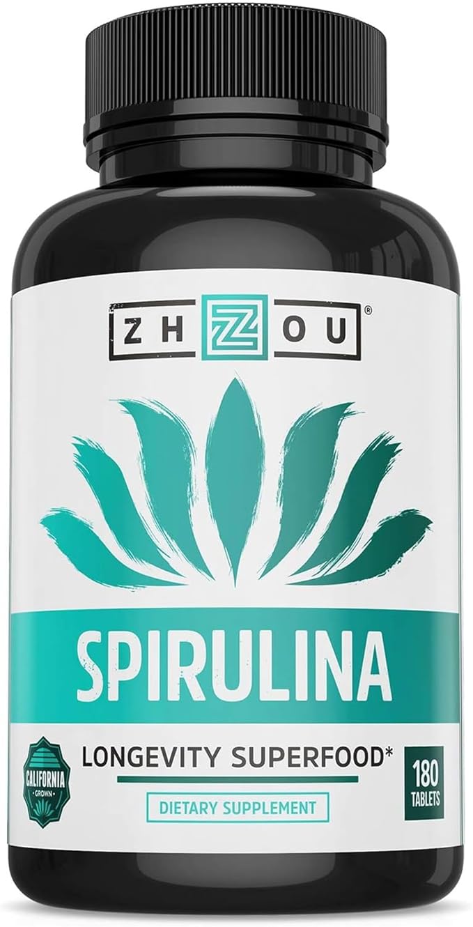Zhou Spirulina Tablets - Spirulina Pills Greens Superfood Supplement with Chlorophyll &amp Blue Spirulina Powder Cognitive &amp Immune Support Pure Premium Formula - 180 Tablets