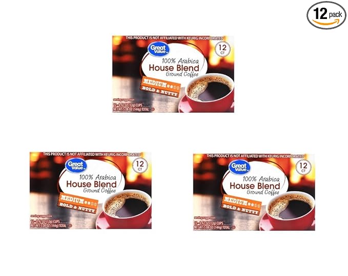 Great Value House Blend Ground Coffee Single Serve Cups Medium Roast 5.08 oz 12 Count - (PACK OF 3)