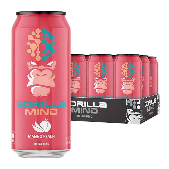 Gorilla Mind Energy Drink | Unmatched Energy · Amplified Focus | N-Acetyl-L-Tyrosine Alpha-GPC 200mg Caffeine Uridine Saffron | 0 Sugar Or Artificial Colors | 16oz 12-Pack (Mango Peach)