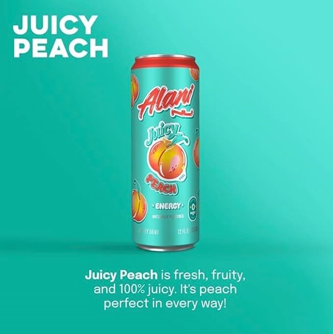 New Alani Energy Drinks JUICY PEACH Low - Calorie Zero Suger Energy Boost Drinks 12 oz (6 Pack)