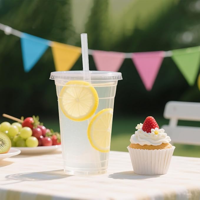 [100 SETS] 32 oz Cups with lids Plastic cups with lids and straws iced coffee cup suitable for takeout iced coffee cold drinks smoothies juices parfaits Frappuccinos and milkshakes.