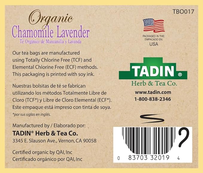 Tadin Organic Chamomile Lavender Tea Caffeine Free Herbal Tea to Promote Serenity 20 Tea Bags Per Box Pack of 6