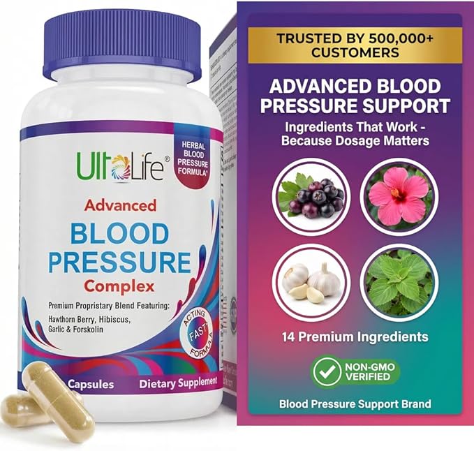 ULTALIFE Blood Pressure Supplements - Advanced Blood Pressure Supplement Complex - Hawthorn Berry Hibiscus Garlic Forskolin - 14 Vitamins &amp Herbs 30 Day Supply in Veggie Capsules