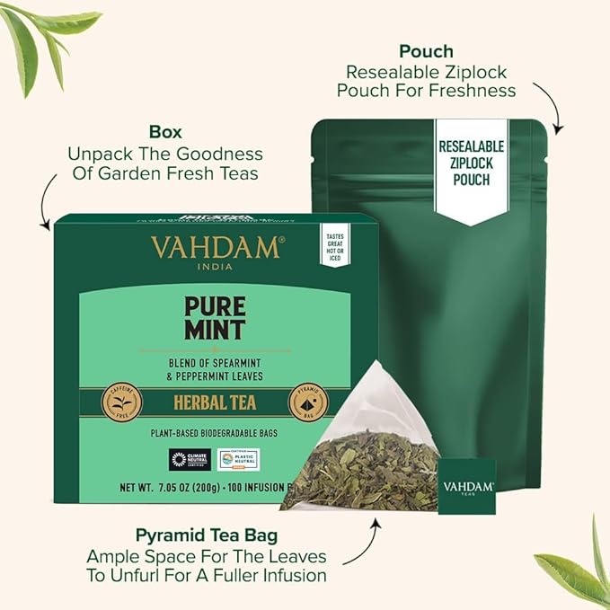 VAHDAM Pure Mint Herbal Tea (100 Pyramid Tea Bags) Caffeine Free Non GMO Gluten Free | Blend of Spearmint &amp Peppermint - Sweet &amp Minty | Resealable Ziplock Pouch
