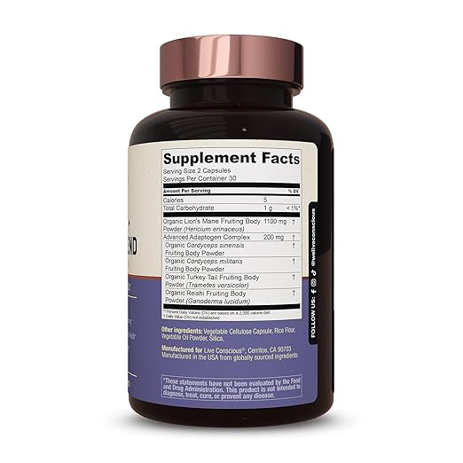 Live Conscious Lions Mane Mushroom Supplement Capsules for Brain Support w/Lion's Mane Cordyceps Reishi and Turkey Tail Mushrooms - Cognitive Memory Supplement for Brain